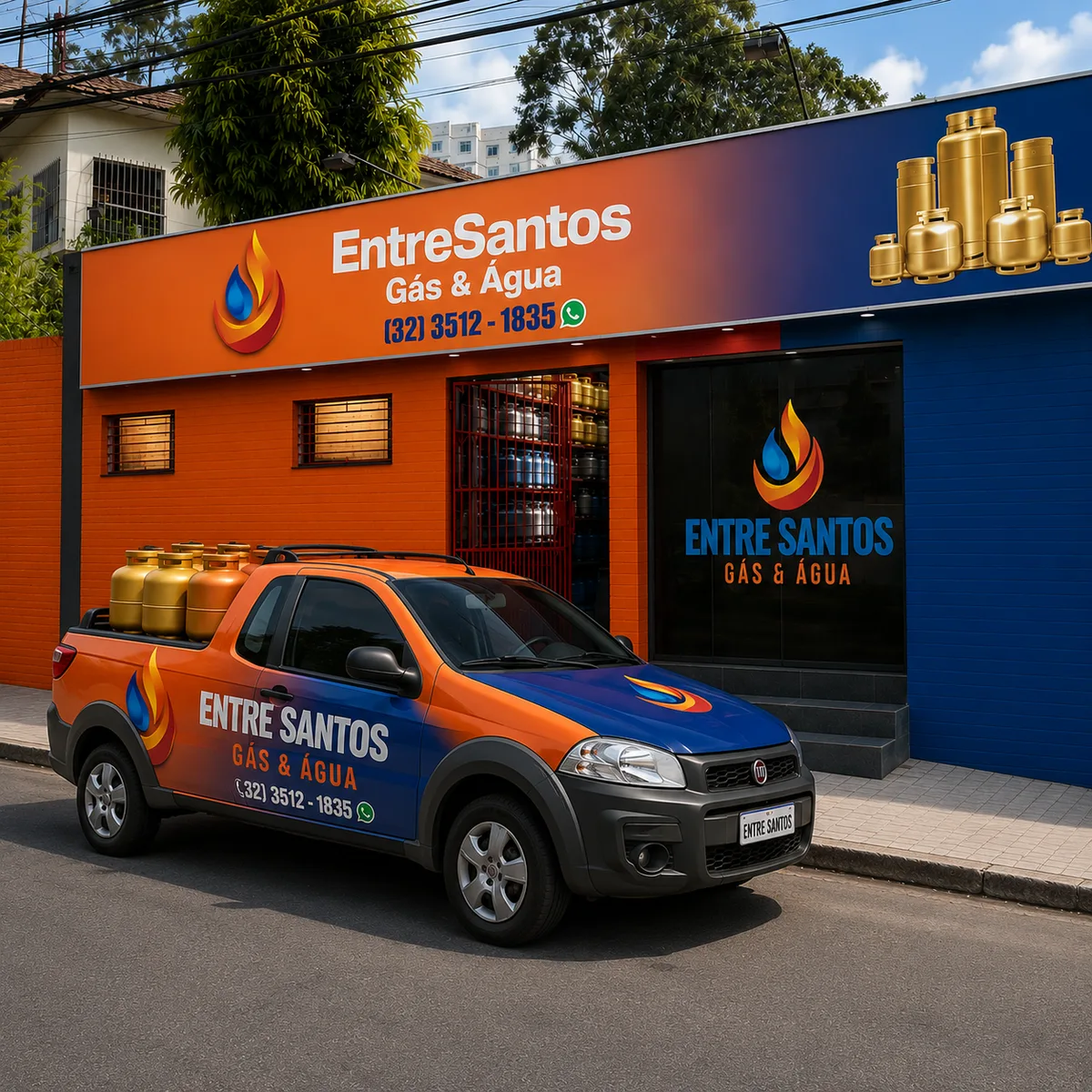 Fachada e caminhonete da Entre Santos Gás & Água